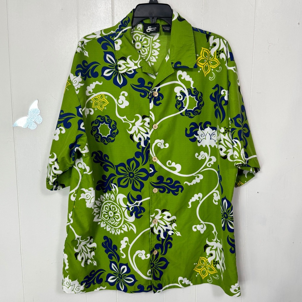 Street Culture Mens Size XL Green Floral Casual Button Down Short Sleeve Shirt